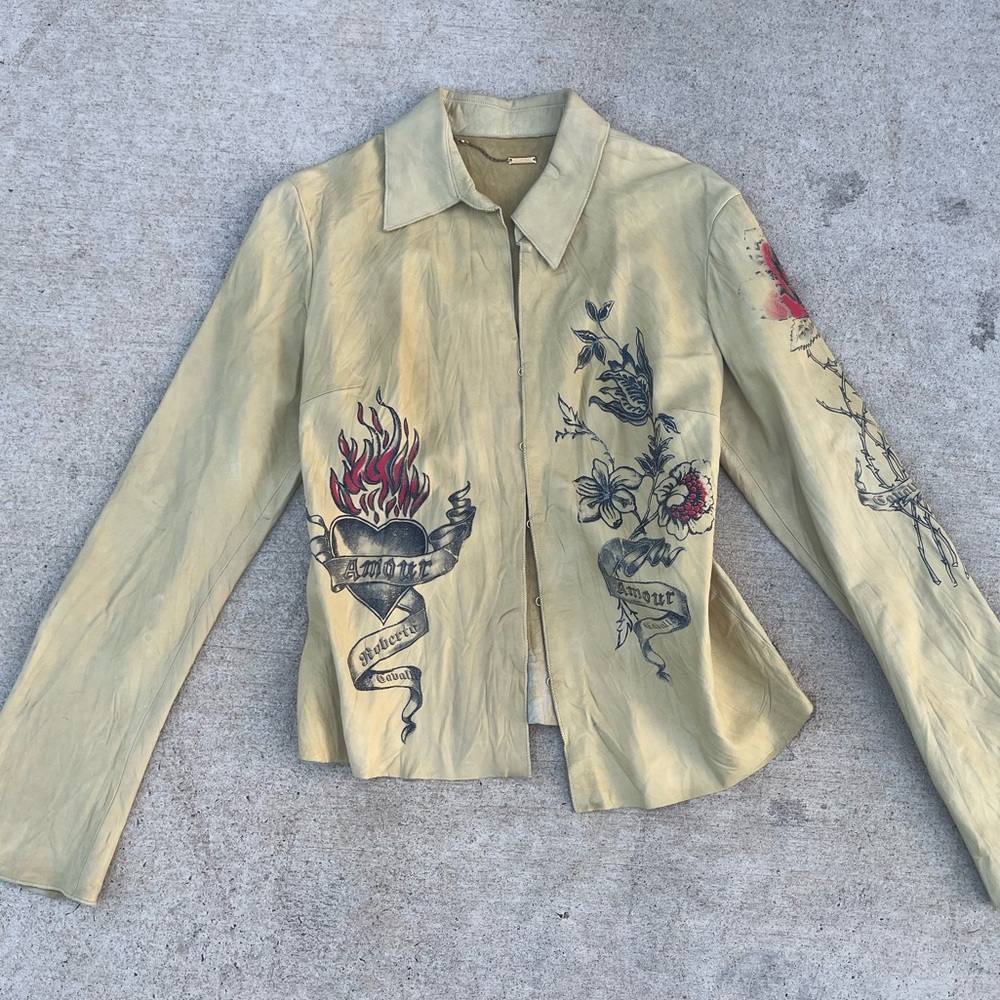 Roberto Cavalli Tan Leather Jacket with Tattoo Motifs